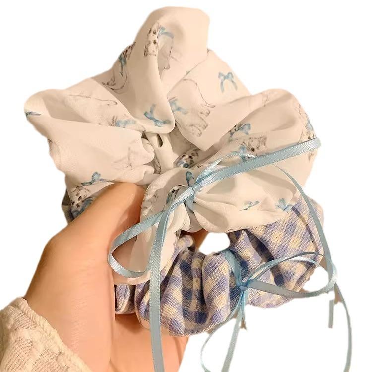 Sea Salt Hit Milk ~ Blue Bow Ribbon Square Scarf Large Intestine Hair Ring Female High-Grade Cute Large Hair Rope Hair Accessories