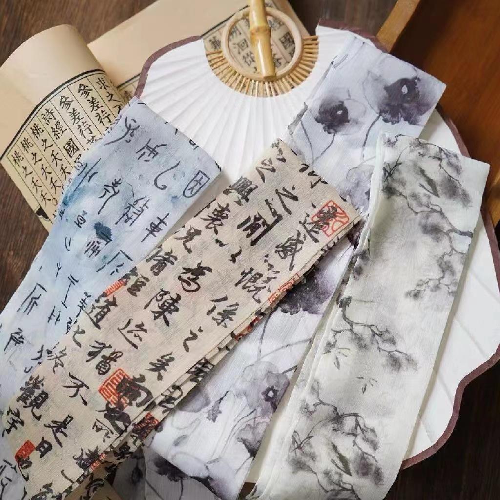 Lanting Preface Ancient Style Hair Band Silk Scarf Chiffon Ribbon Hair Band Classical Temperament Calligraphy and Painting Headdress Bow Tie Hair Rope