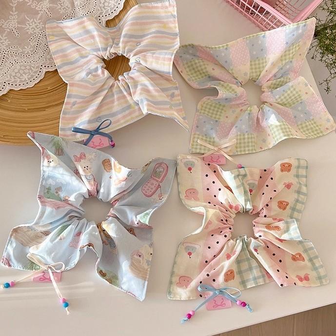 Sweet Girl Bow Striped Square Scarf Large Intestine Hair Band Women's High Elastic Ponytail Rubber Band Cute Hair Rope Hair Accessories