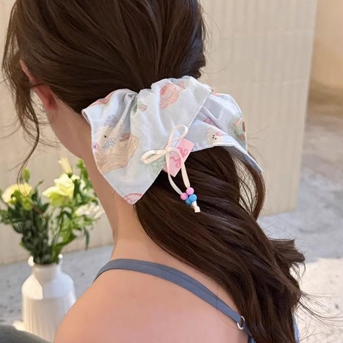 Sweet Girl Bow Striped Square Scarf Large Intestine Hair Band Women's High Elastic Ponytail Rubber Band Cute Hair Rope Hair Accessories