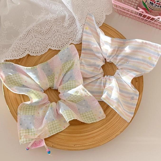 Sweet Girl Bow Striped Square Scarf Large Intestine Hair Band Women's High Elastic Ponytail Rubber Band Cute Hair Rope Hair Accessories