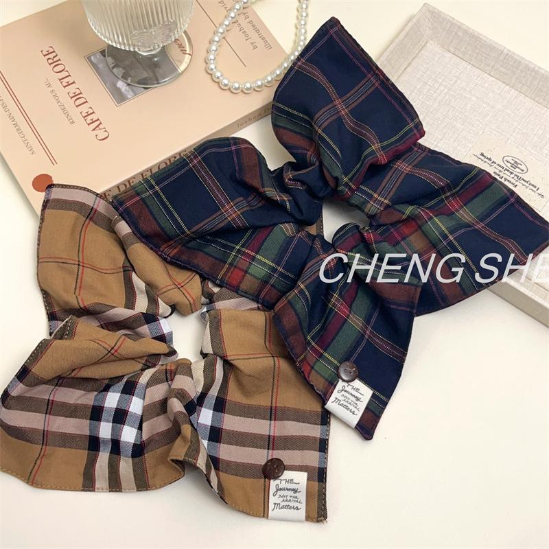 Classic British Style Plaid Square Scarf Large Intestine Hair Band Retro Versatile Low Ponytail Tie Hair Band Hair Rope Hair Accessories