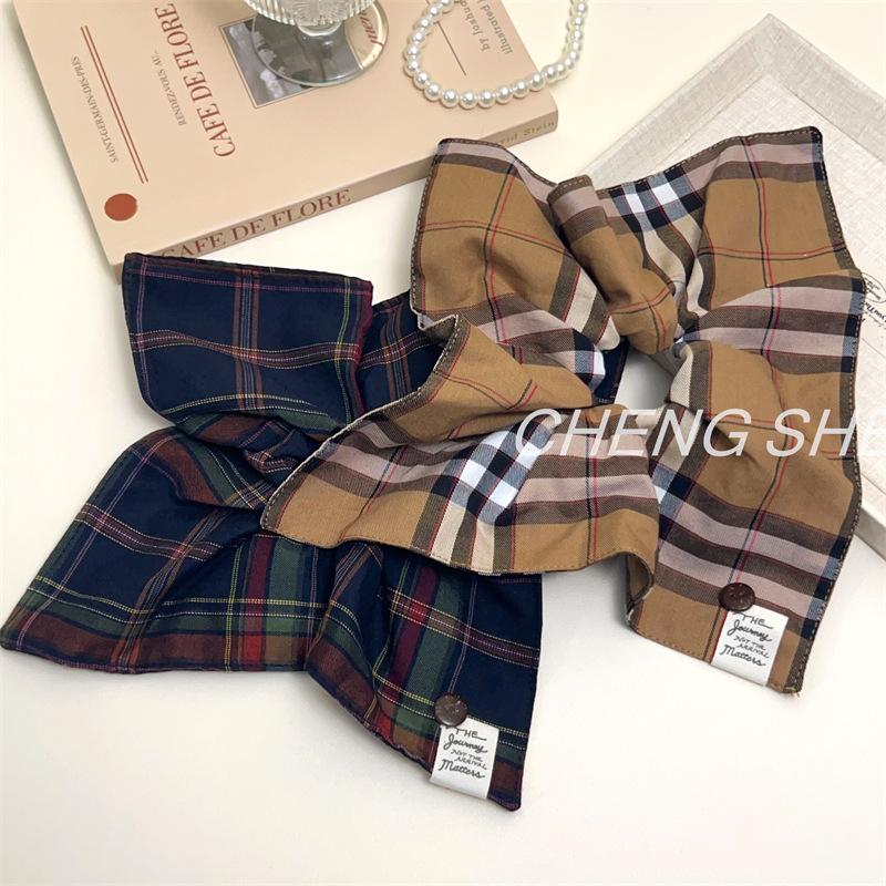 Classic British Style Plaid Square Scarf Large Intestine Hair Band Retro Versatile Low Ponytail Tie Hair Band Hair Rope Hair Accessories