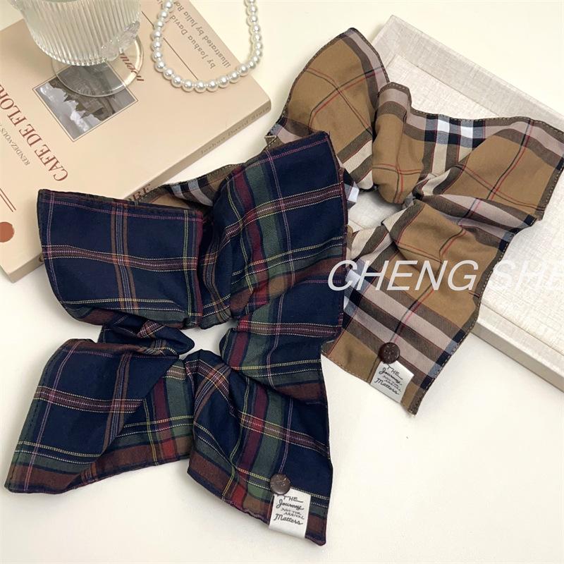 Classic British Style Plaid Square Scarf Large Intestine Hair Band Retro Versatile Low Ponytail Tie Hair Band Hair Rope Hair Accessories