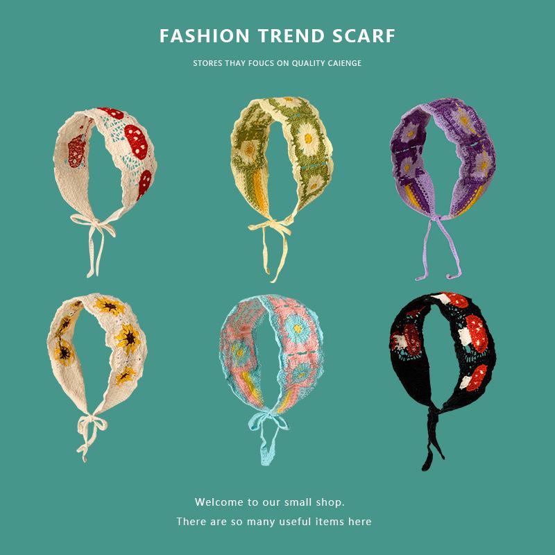 Knitted Crocheted Headscarf Hair Band for Women Summer New Pastoral Style Sweet Cute Hollow Ins Hair Tie Hair Accessories Wholesale