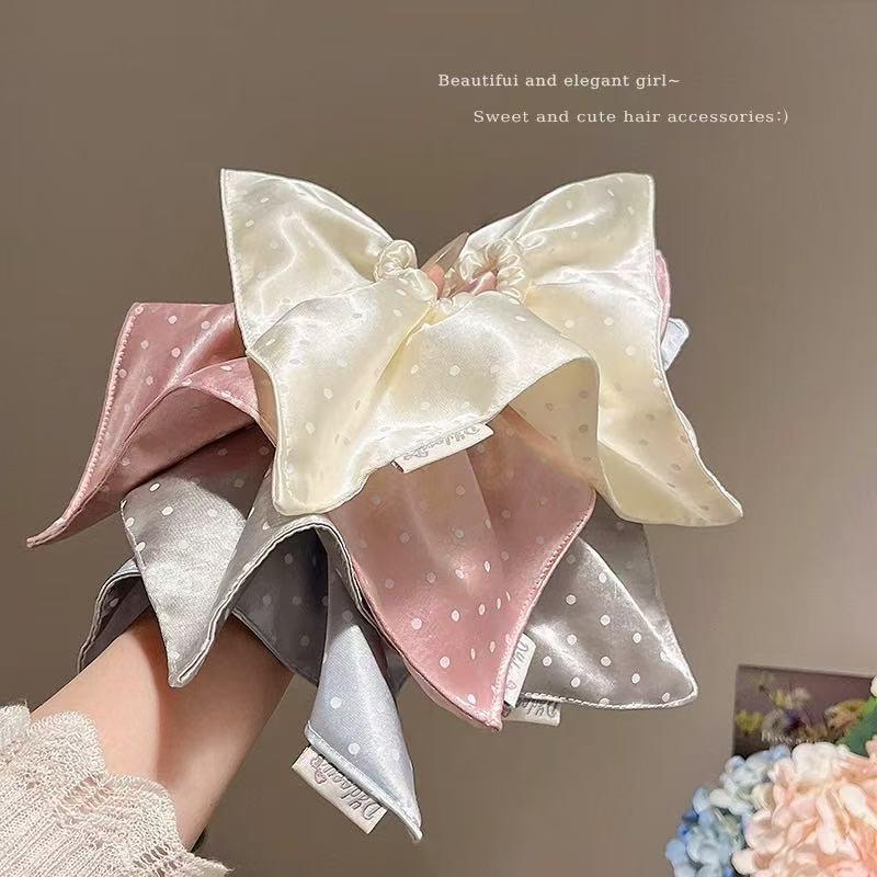 High-Grade Light Blue Satin Polka Dot Square Scarf Large Intestine Hair Band Female Korean Style Square Tie Hair Side Low Ponytail Hair Rope