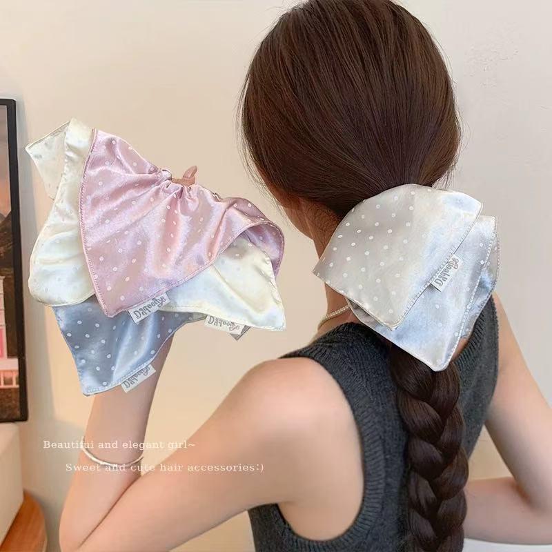 High-Grade Light Blue Satin Polka Dot Square Scarf Large Intestine Hair Band Female Korean Style Square Tie Hair Side Low Ponytail Hair Rope