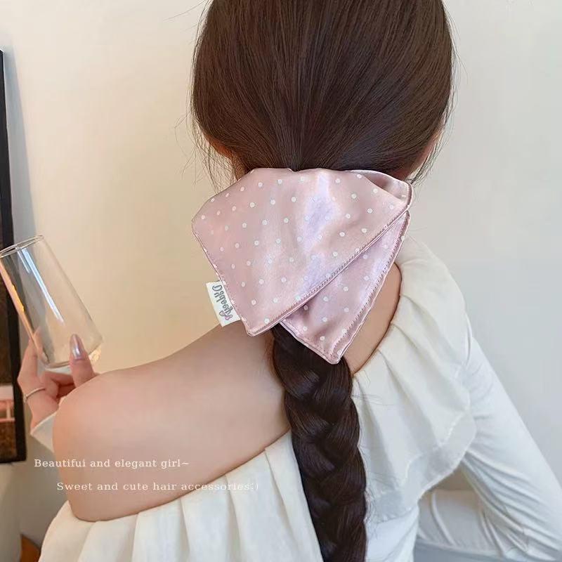 High-Grade Light Blue Satin Polka Dot Square Scarf Large Intestine Hair Band Female Korean Style Square Tie Hair Side Low Ponytail Hair Rope