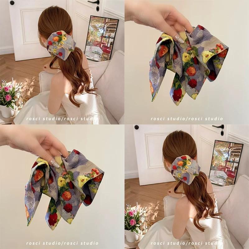 Romantic Island Spring Oil Painting Style Flower Square Scarf Large Intestine Hair Band French High-Grade Gentle Oversized Square Hair Accessories Hair Rope