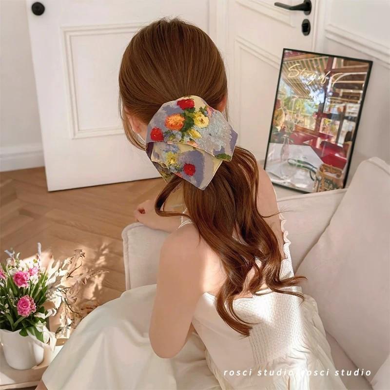Romantic Island Spring Oil Painting Style Flower Square Scarf Large Intestine Hair Band French High-Grade Gentle Oversized Square Hair Accessories Hair Rope