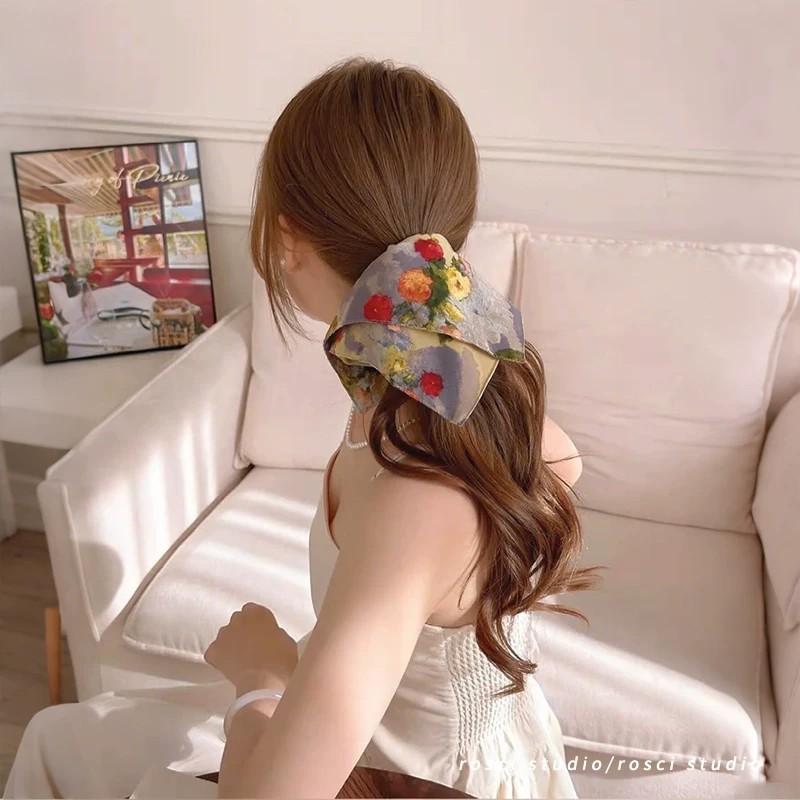 Romantic Island Spring Oil Painting Style Flower Square Scarf Large Intestine Hair Band French High-Grade Gentle Oversized Square Hair Accessories Hair Rope