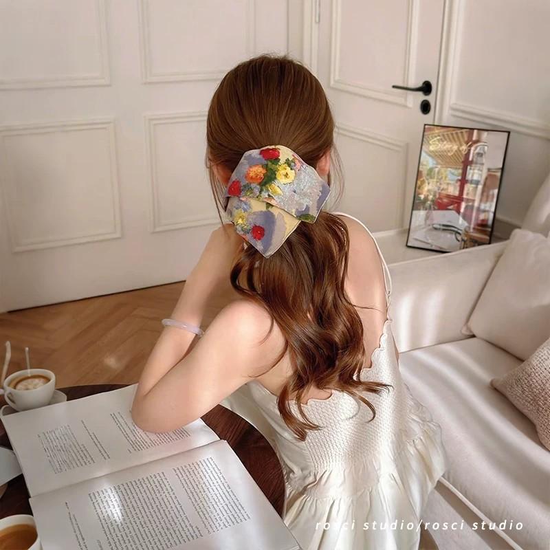Romantic Island Spring Oil Painting Style Flower Square Scarf Large Intestine Hair Band French High-Grade Gentle Oversized Square Hair Accessories Hair Rope