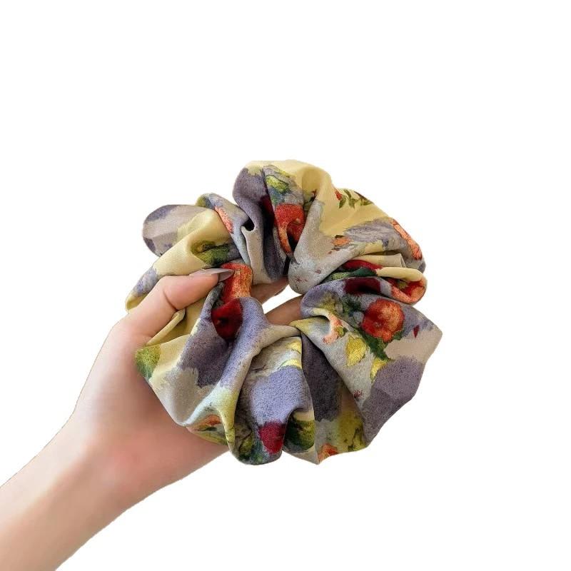 Romantic Island Spring Oil Painting Style Flower Square Scarf Large Intestine Hair Band French High-Grade Gentle Oversized Square Hair Accessories Hair Rope