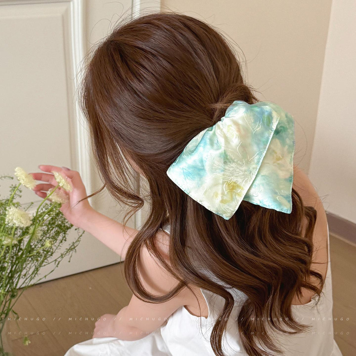 Oil Painting Style Blooming Square Scarf Large Intestine Hair Ring Female Low Ponytail Hair Tie Hair Rope 2026 New Style Hair Rope Temperament Hair Accessories Summer