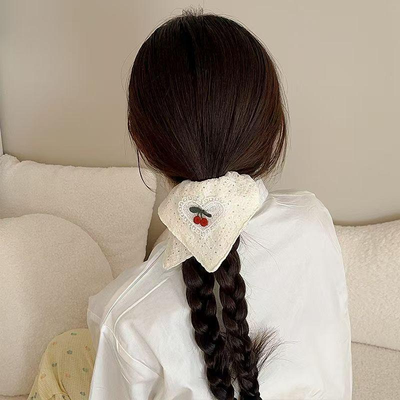 Handmade Lace Lovely Cherry White Hollow Square Scarf Large Intestine Hair Ring Sweet Girl Heart Tie Ponytail Head Rope Embroidery