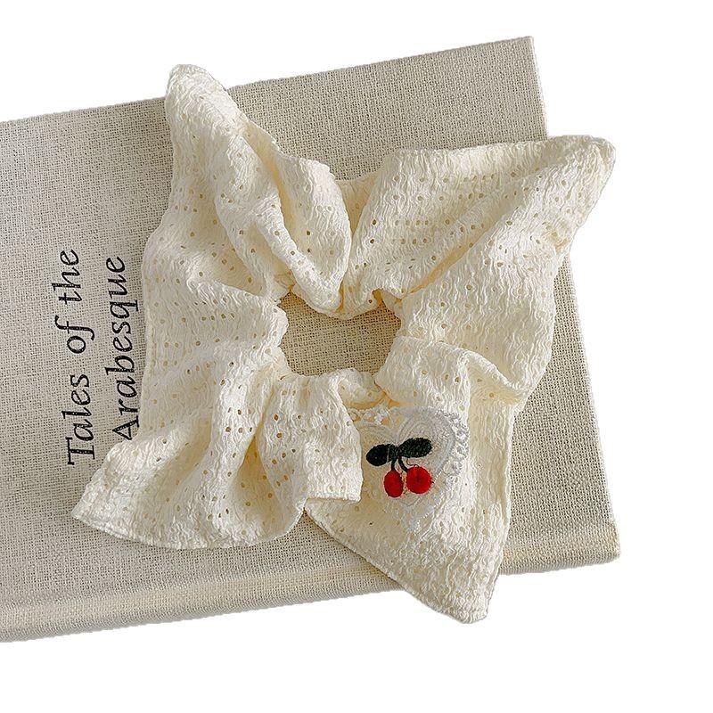 Handmade Lace Lovely Cherry White Hollow Square Scarf Large Intestine Hair Ring Sweet Girl Heart Tie Ponytail Head Rope Embroidery