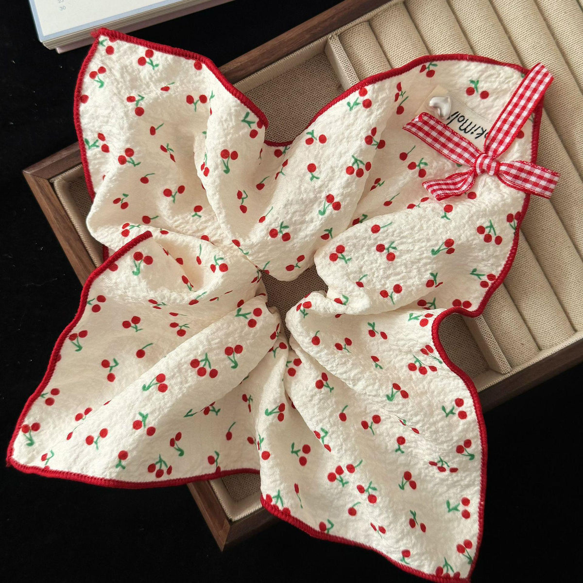 Sweet Cherry Plaid Bow Square Scarf Large Intestine Hair Ring Korean Simple Girl Ponytail Hair Rope Hair Accessories Wholesale