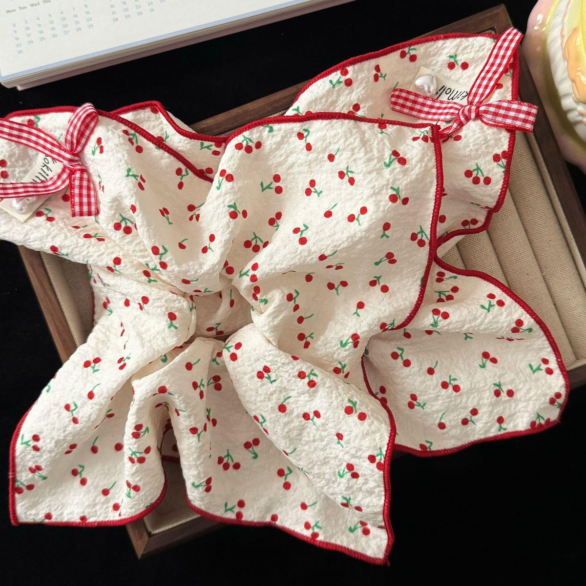 Sweet Cherry Plaid Bow Square Scarf Large Intestine Hair Ring Korean Simple Girl Ponytail Hair Rope Hair Accessories Wholesale