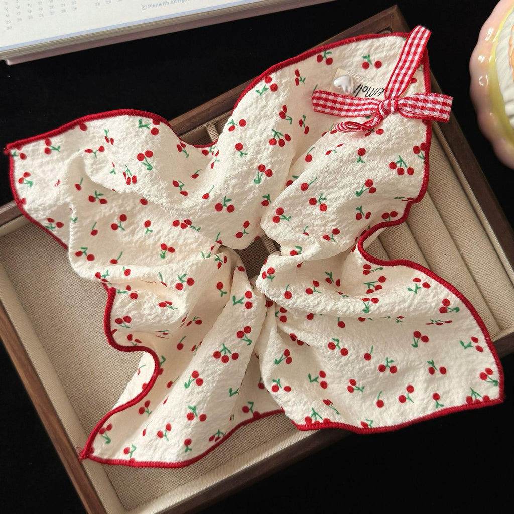Sweet Cherry Plaid Bow Square Scarf Large Intestine Hair Ring Korean Simple Girl Ponytail Hair Rope Hair Accessories Wholesale