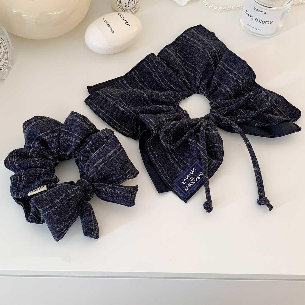Korean Style Navy Blue Bow Square Scarf Large Intestine Hair Band Women's High-Grade Tie Hair Oversized Square Hair Accessories Hair Rope