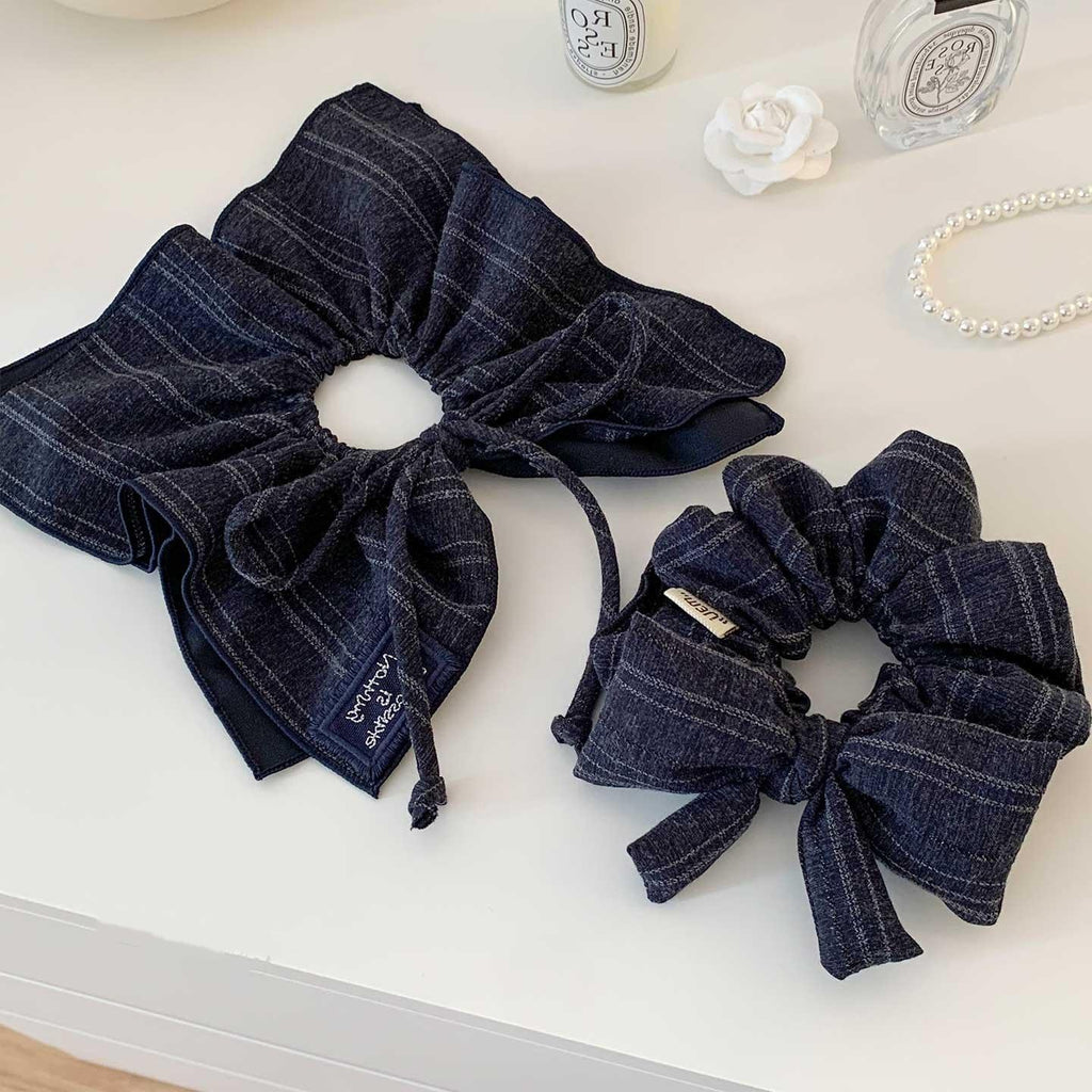 Korean Style Navy Blue Bow Square Scarf Large Intestine Hair Band Women's High-Grade Tie Hair Oversized Square Hair Accessories Hair Rope