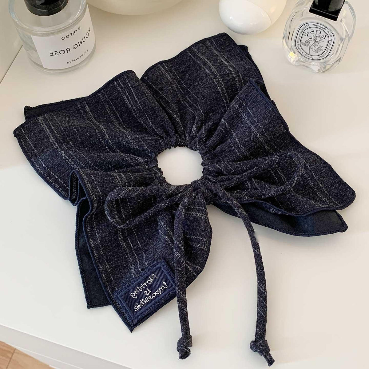 Korean Style Navy Blue Bow Square Scarf Large Intestine Hair Band Women's High-Grade Tie Hair Oversized Square Hair Accessories Hair Rope