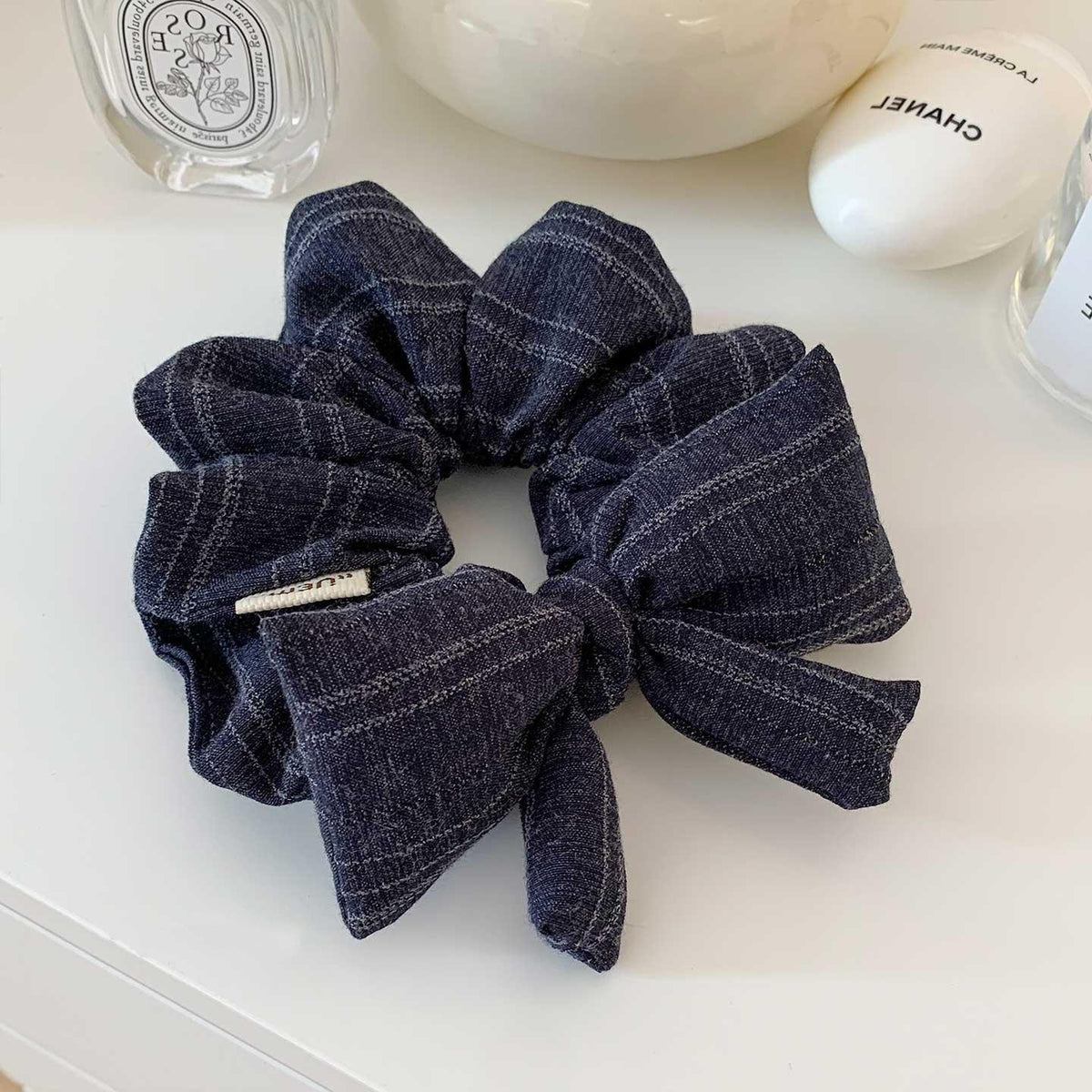 Korean Style Navy Blue Bow Square Scarf Large Intestine Hair Band Women's High-Grade Tie Hair Oversized Square Hair Accessories Hair Rope