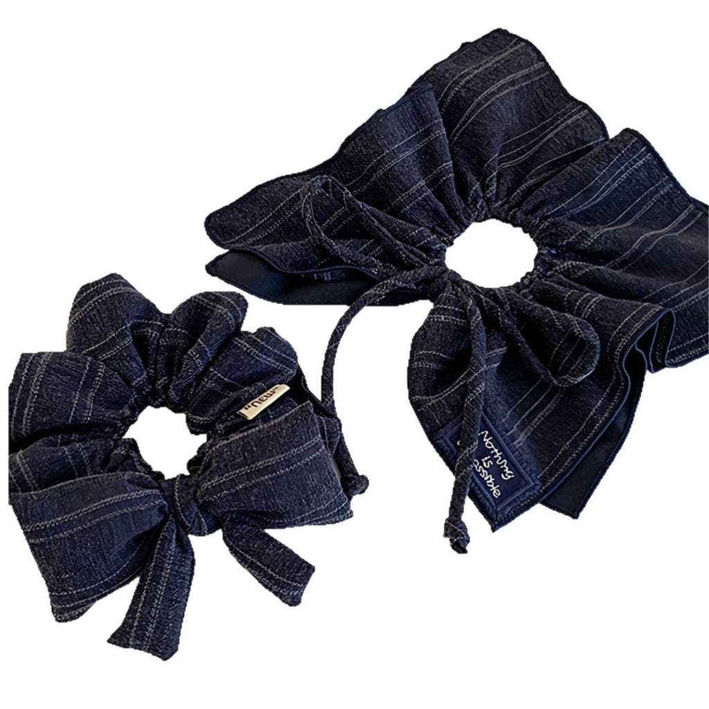 Korean Style Navy Blue Bow Square Scarf Large Intestine Hair Band Women's High-Grade Tie Hair Oversized Square Hair Accessories Hair Rope