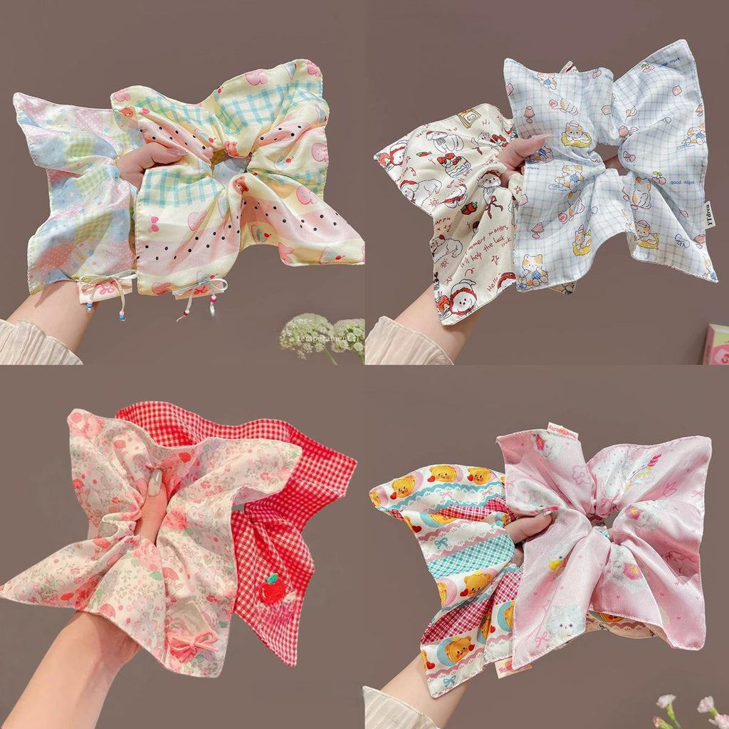 Large Square Scarf Large Intestine Hair Band Square Sweet Cute Bear Bow Female Tie Hair Rope Dopamine Head Rope Summer