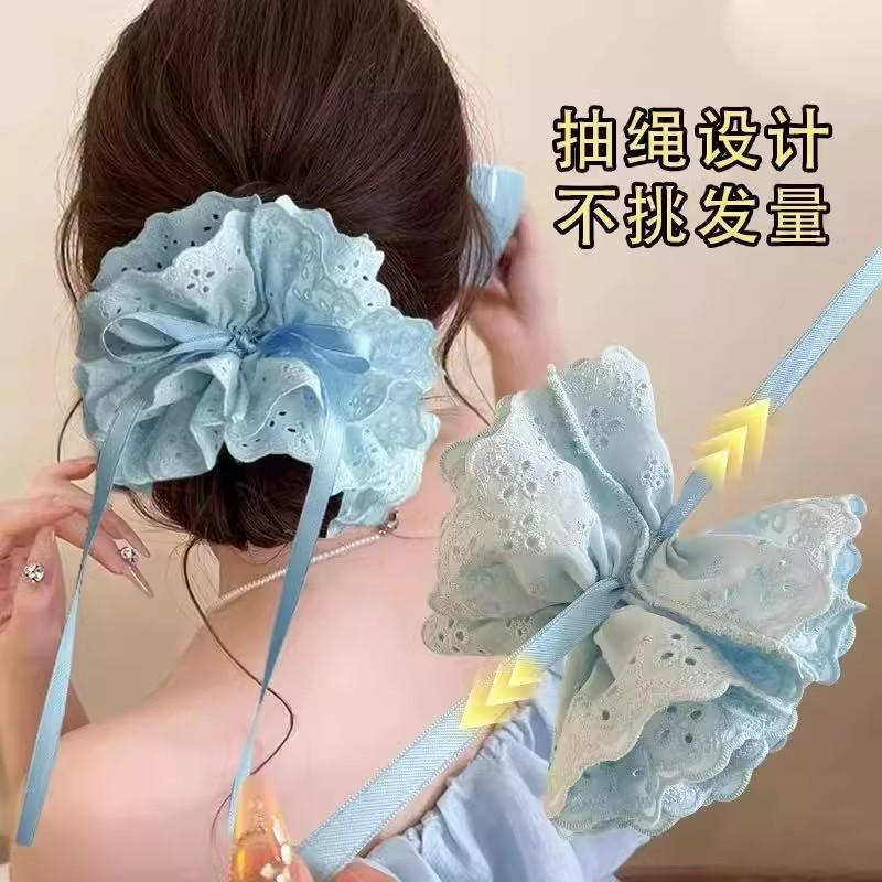 French Style Simple Flower White High-Grade Hair Rope Hair Accessories Rubber Band Korean Style Hair Band Oversized Large Intestine Hair Band Square Scarf for Women