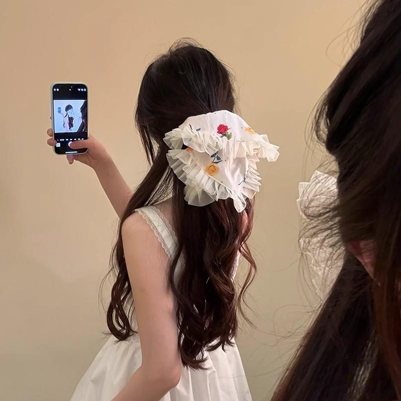 French Style Simple Flower White High-Grade Hair Rope Hair Accessories Rubber Band Korean Style Hair Band Oversized Large Intestine Hair Band Square Scarf for Women