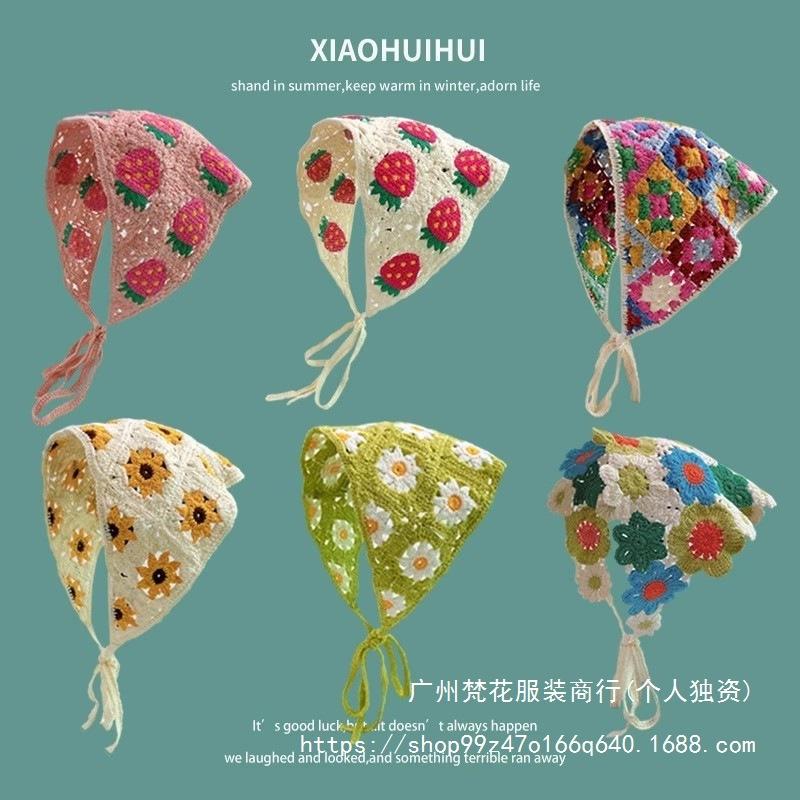 Hot Girl Online Celebrity Photography Flower French Triangle Scarf Women's Cute Knitted Hair Band Silk Scarf High-Grade Headdress Summer