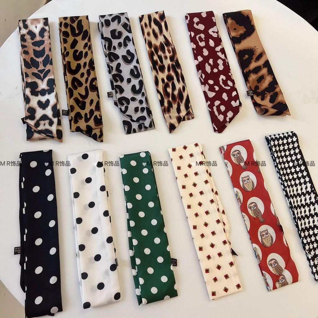INS Leopard Print Ribbon Silk Scarf Long High-Grade Temperament Versatile Polka Dot Long Silk Scarf Hair Band Hair Accessories Belt