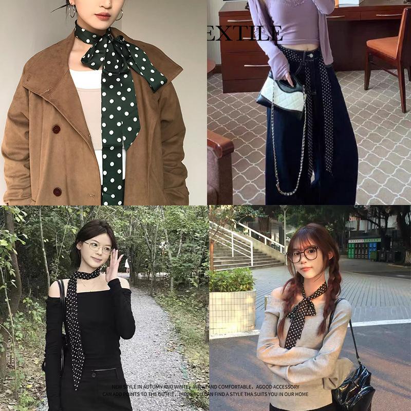 INS Leopard Print Ribbon Silk Scarf Long High-Grade Temperament Versatile Polka Dot Long Silk Scarf Hair Band Hair Accessories Belt