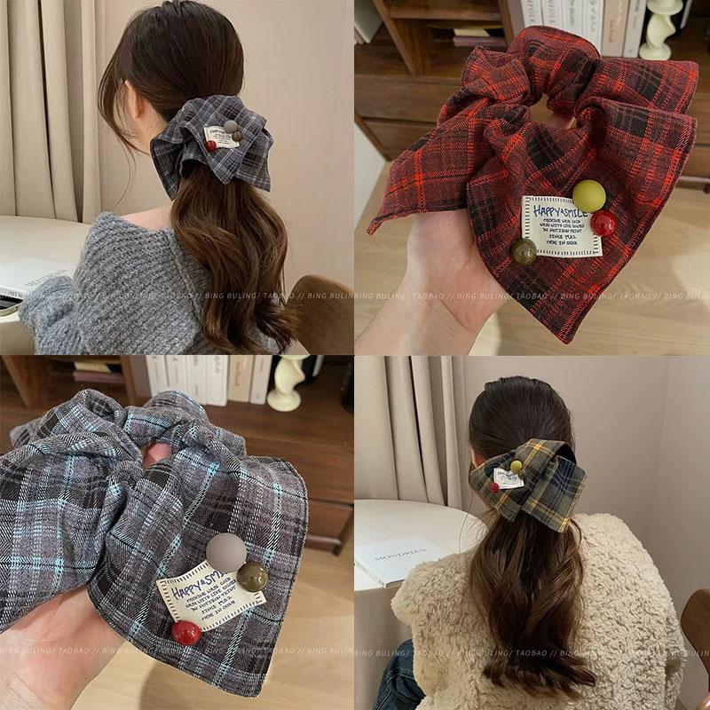 Plaid Square Scarf Hair Tie Large Intestine Hair Band Autumn and Winter New Korean Style Oversized Hair Rope High-Grade Low Ball Hair Rope