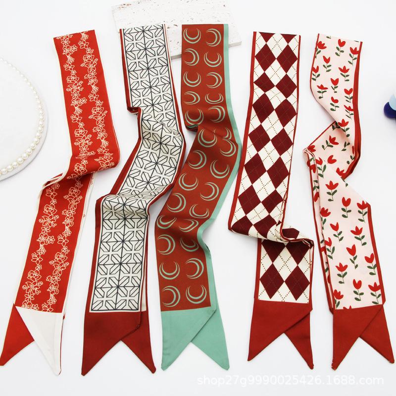 Long All-Match Silk Scarf Tie Hair Band Bow Letter Floral Ribbon Tie Bag Hand Gift Small Silk Scarf Ribbon