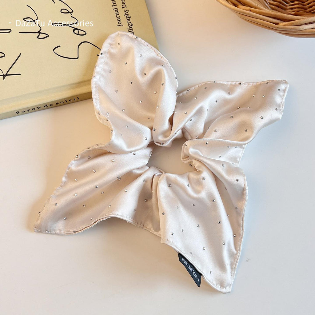 High-Grade Beige Starry Satin Square Scarf Large Intestine Hair Band Elegant Square Hair Tie High-Grade Hair Rope Hair Rope