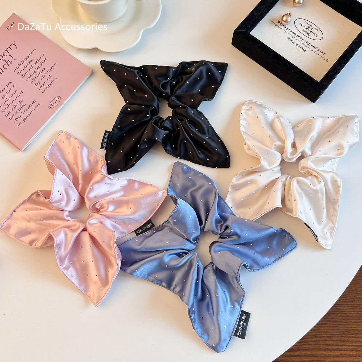 High-Grade Beige Starry Satin Square Scarf Large Intestine Hair Band Elegant Square Hair Tie High-Grade Hair Rope Hair Rope