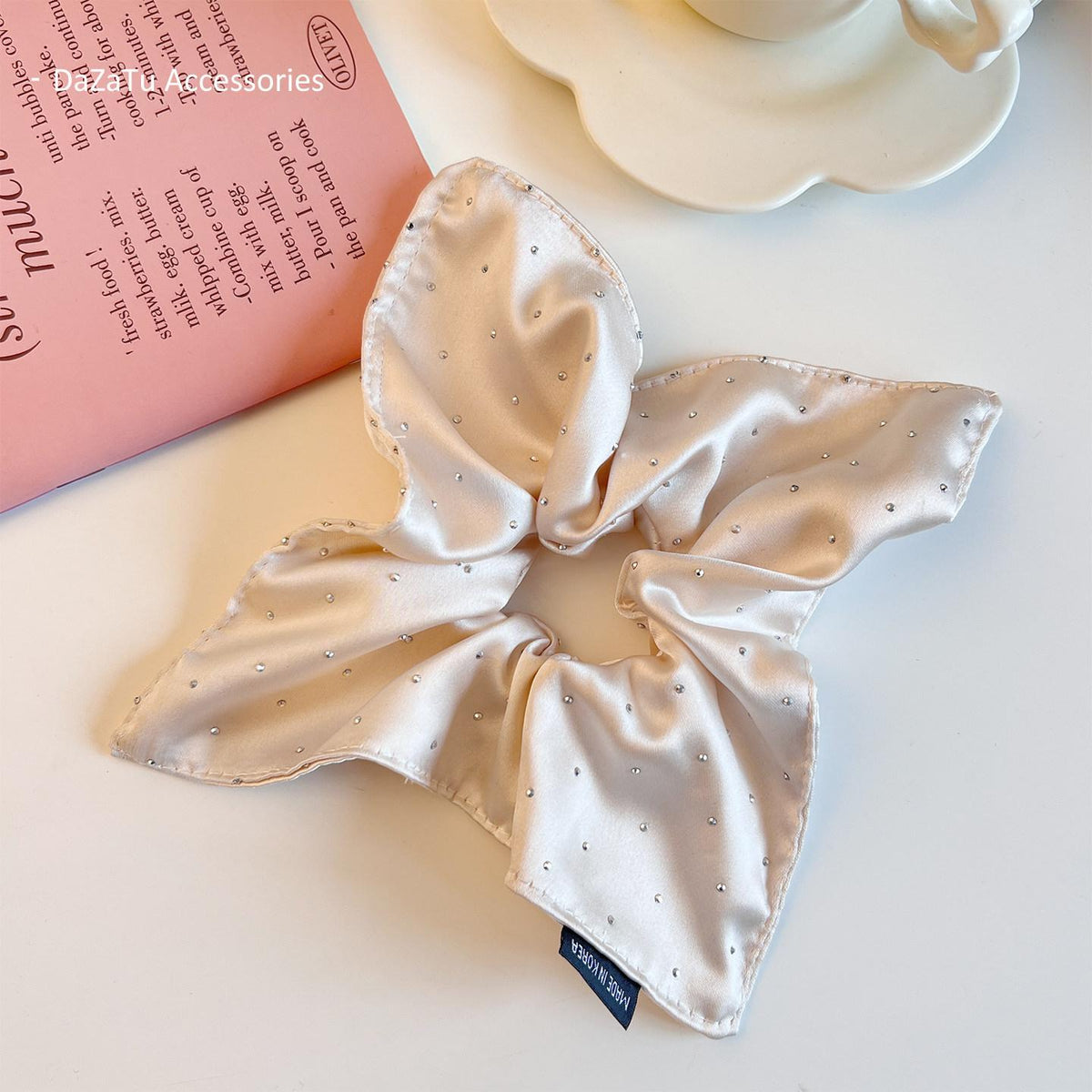 High-Grade Beige Starry Satin Square Scarf Large Intestine Hair Band Elegant Square Hair Tie High-Grade Hair Rope Hair Rope