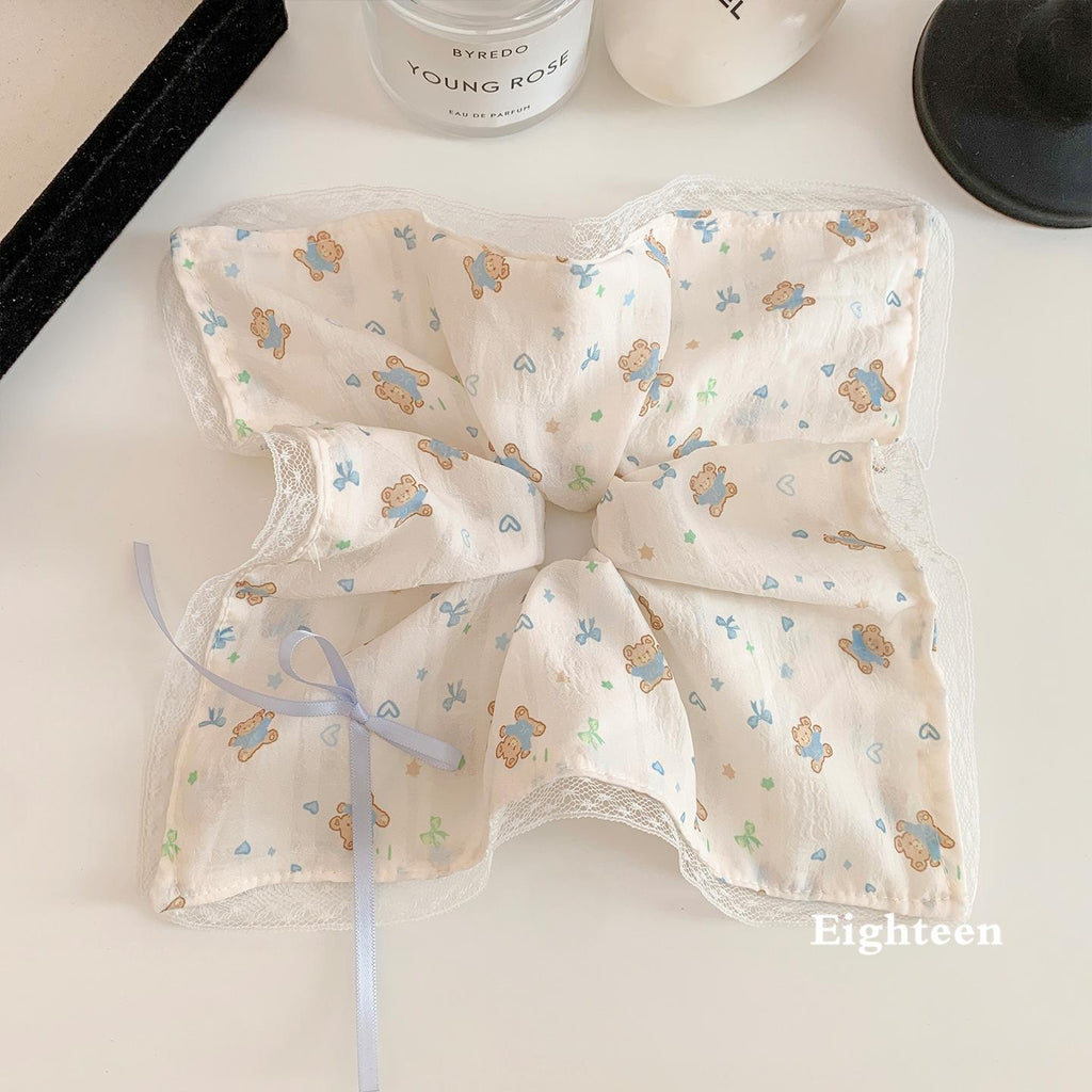 Korean Style Cute Bear Bow Lace Square Scarf Large Intestine Hair Band Women's Lazy Wind Hair Tie Oversized Hair Accessories Hair Rope