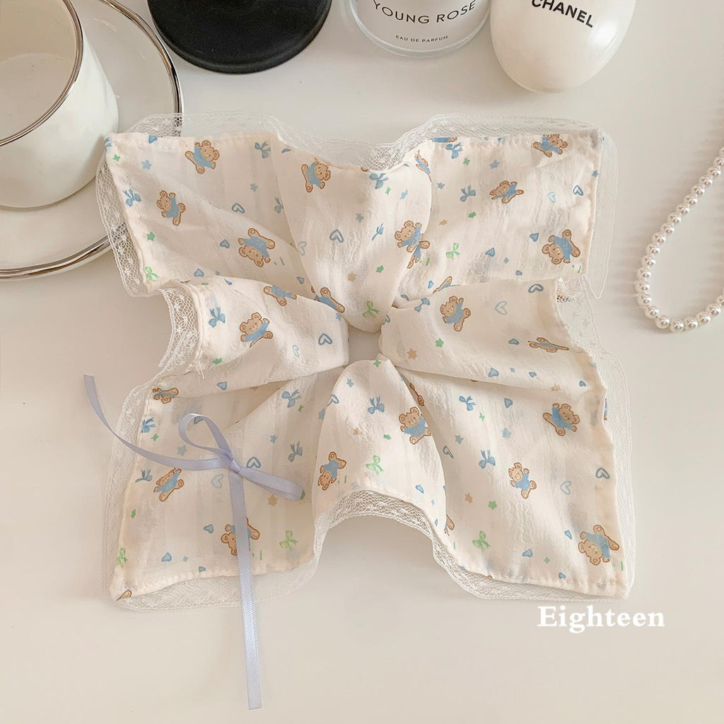 Korean Style Cute Bear Bow Lace Square Scarf Large Intestine Hair Band Women's Lazy Wind Hair Tie Oversized Hair Accessories Hair Rope