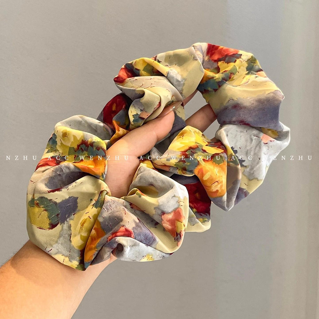 Korean Style Oil Painting Style Square Scarf Large Intestine Hair Band Female Temperament Tie Hair Rope Ponytail Head Rope High-Grade Sense Lazy Tie Head Flower