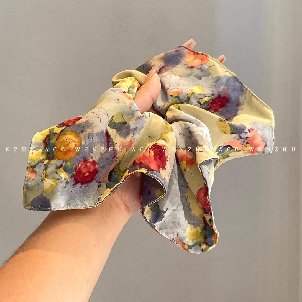 Korean Style Oil Painting Style Square Scarf Large Intestine Hair Band Female Temperament Tie Hair Rope Ponytail Head Rope High-Grade Sense Lazy Tie Head Flower