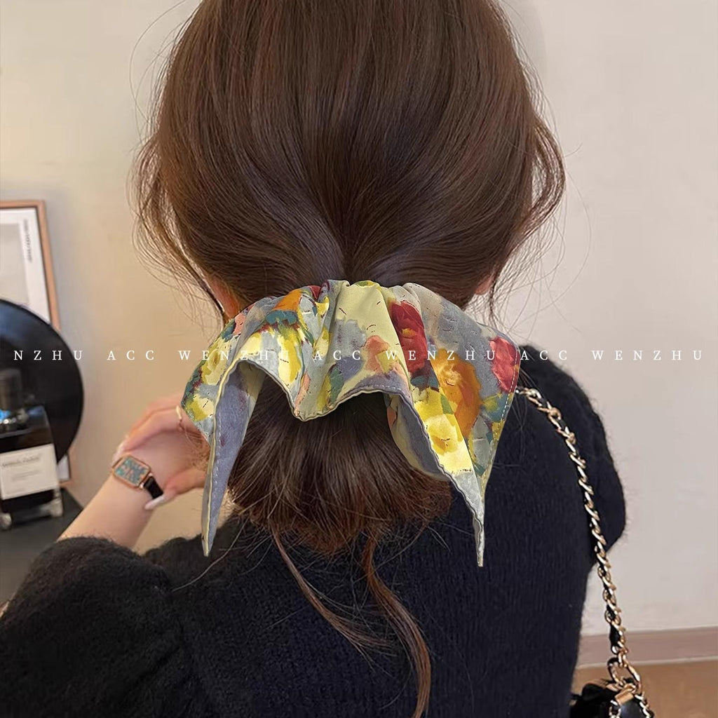 Korean Style Oil Painting Style Square Scarf Large Intestine Hair Band Female Temperament Tie Hair Rope Ponytail Head Rope High-Grade Sense Lazy Tie Head Flower