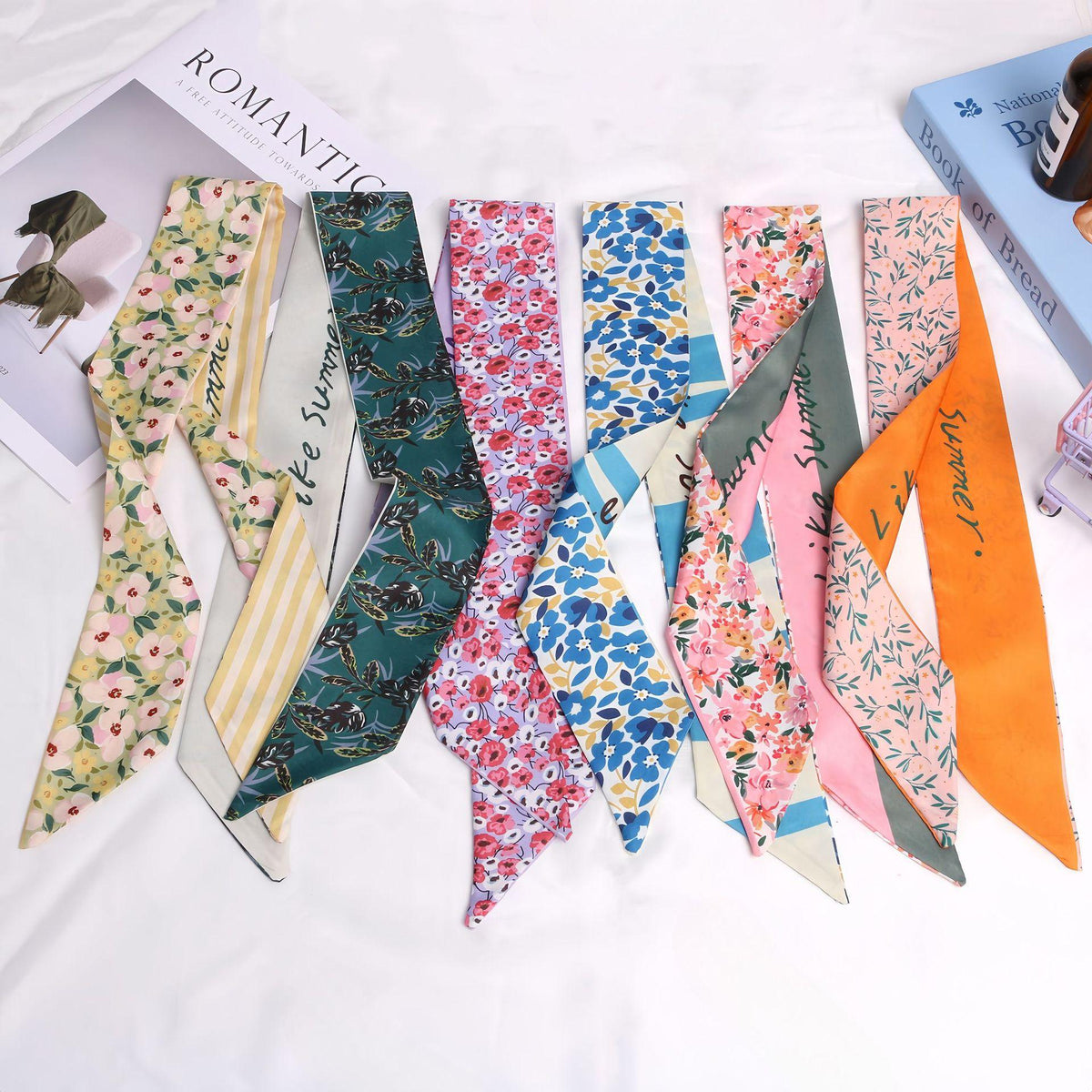 Ribbon Collection All-Match Thin Narrow Long Silk Scarf Hair Tie Letter Floral Tie Bag Hand Gift Small Silk Scarf Hair Band