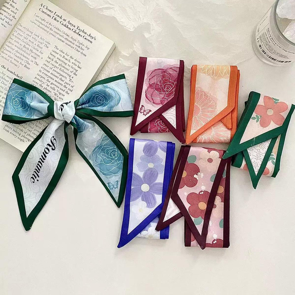 Ribbon Collection All-Match Thin Narrow Long Silk Scarf Hair Tie Letter Floral Tie Bag Hand Gift Small Silk Scarf Hair Band