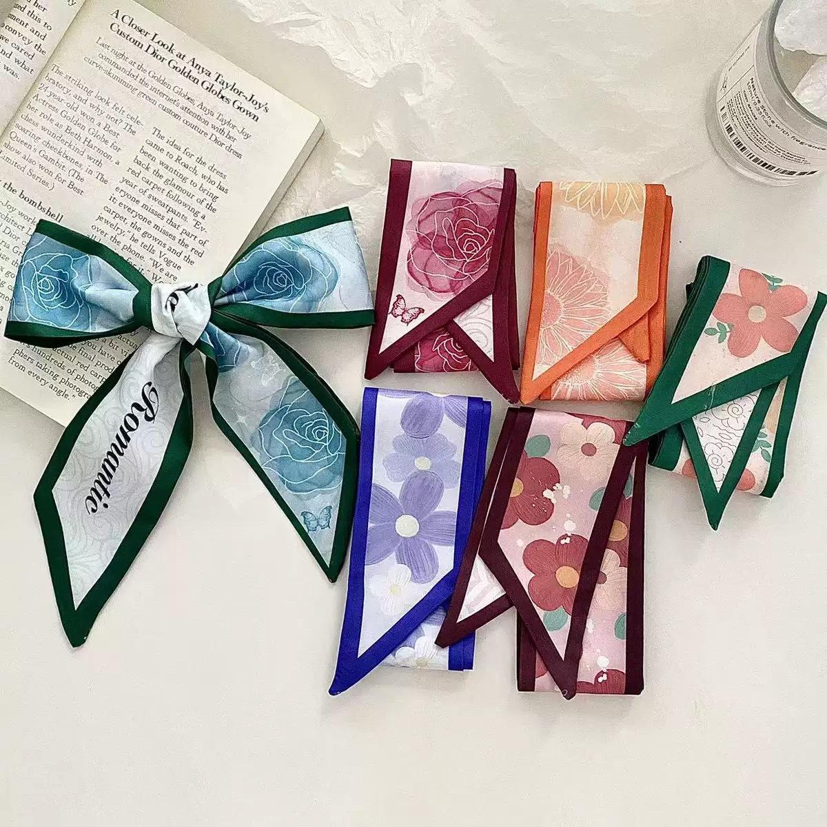 Ribbon Collection All-Match Thin Narrow Long Silk Scarf Hair Tie Letter Floral Tie Bag Hand Gift Small Silk Scarf Hair Band