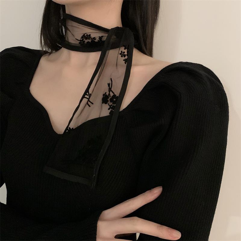 2022 Korean Style Lace Small Scarf Women's Spring and Autumn Summer Versatile Fairy Decorative Hair Band Hair Tie Head Scarf Ribbon