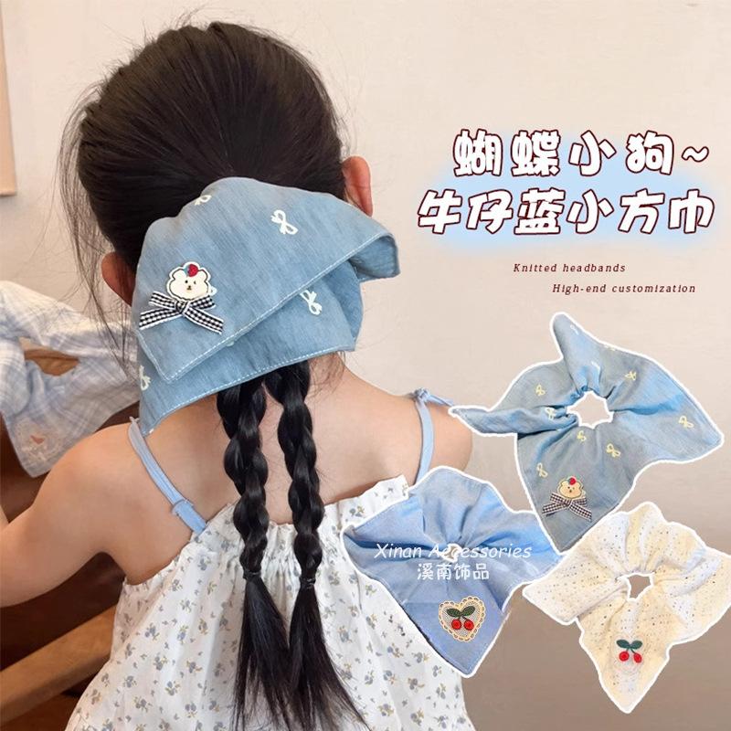 Children's Embroidered Square Scarf Large Intestine Hair Ring Girl's Hair Tie Low Ponytail Hair Rope Little Girl's Western Style Hair Accessories