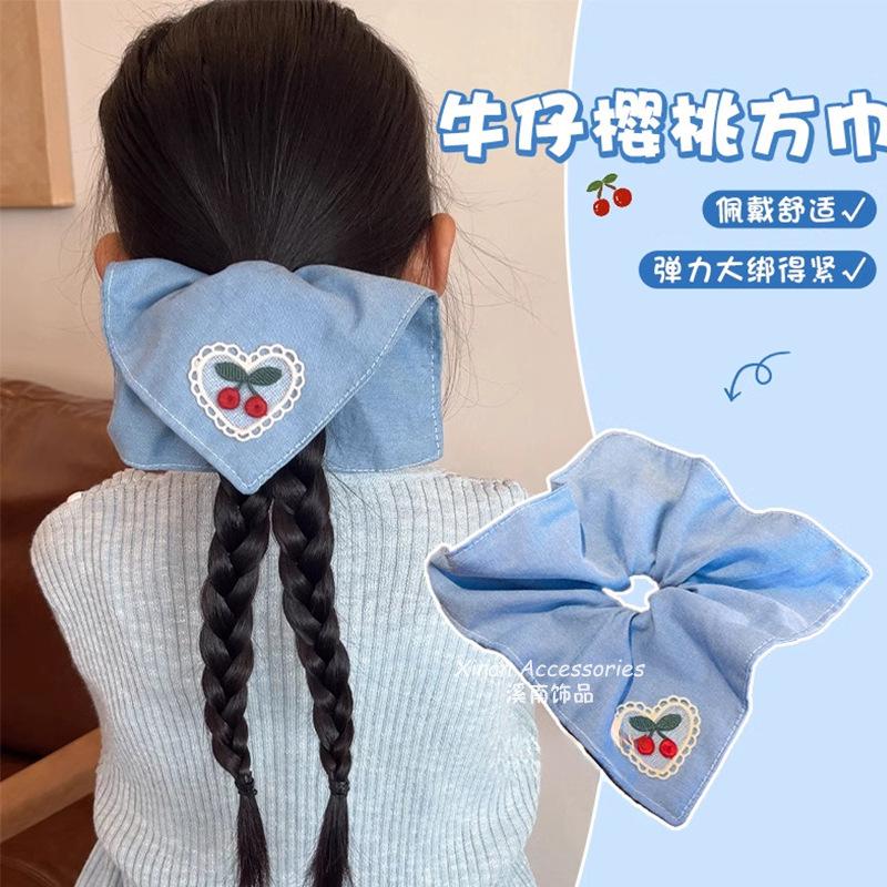 Children's Embroidered Square Scarf Large Intestine Hair Ring Girl's Hair Tie Low Ponytail Hair Rope Little Girl's Western Style Hair Accessories
